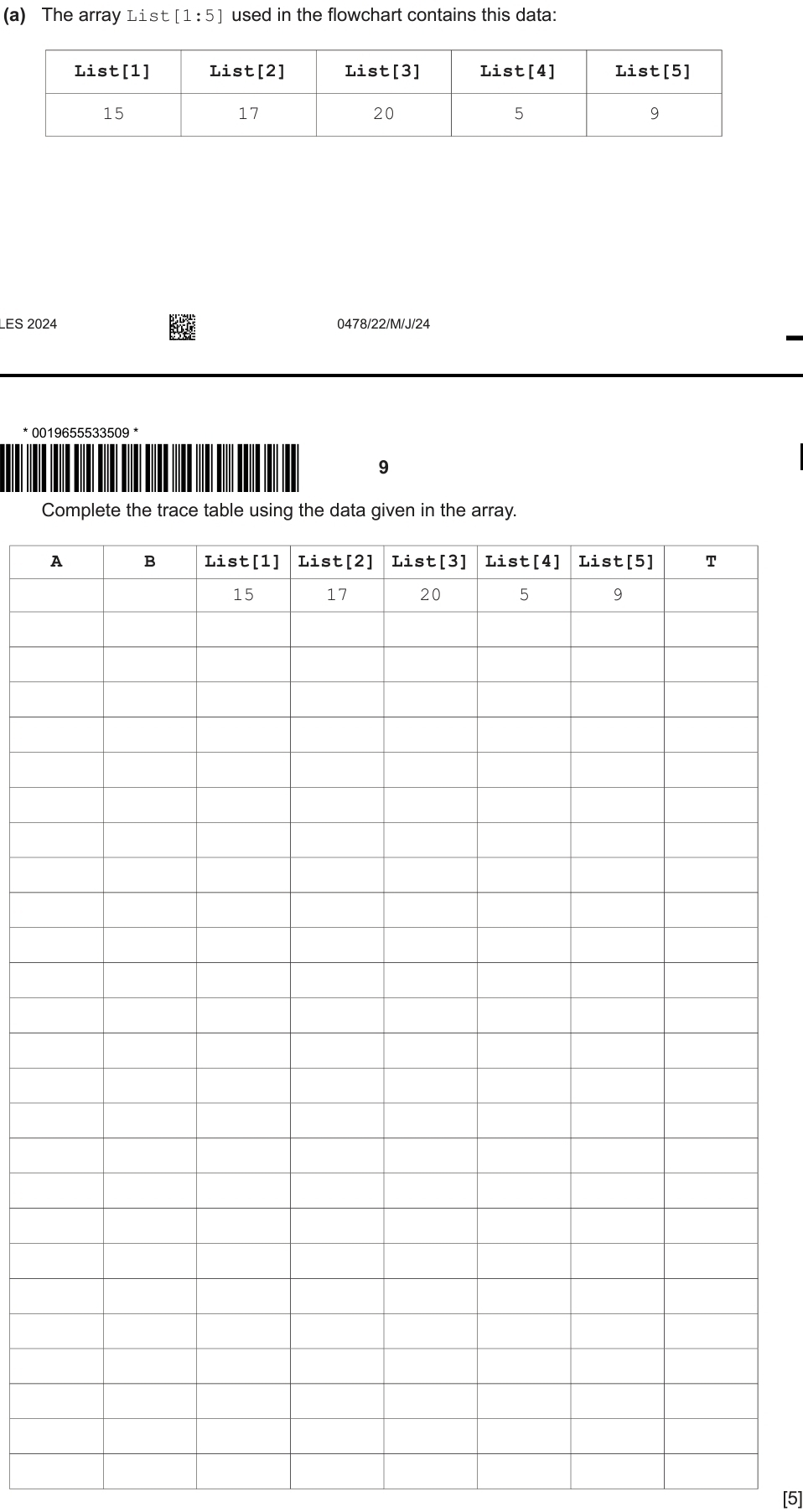 The array List [1:5 ] used in the flowchart contains this data: 
LES 2024 0478/22/M/J/24 
* 0019655533509 * 
9 
C 
[5]