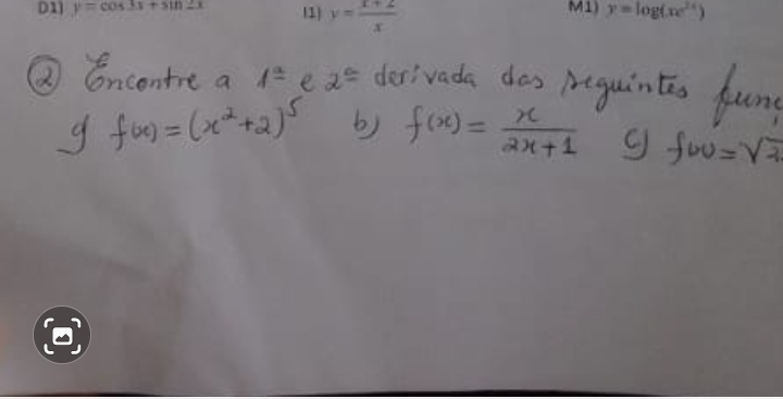 D1 y=cos 3x+sin 2x l1) y= (x+2)/x  M1) y=log (xe^(2x))