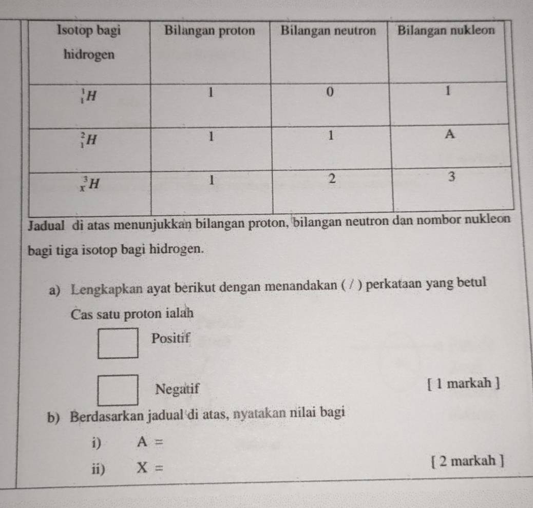 bagi tiga isotop bagi hidrogen.
a) Lengkapkan ayat berikut dengan menandakan ( / ) perkataan yang betul
Cas satu proton ialah
Positif
Negatif [ 1 markah ]
b) Berdasarkan jadual di atas, nyatakan nilai bagi
i) A=
ii) X= [ 2 markah ]