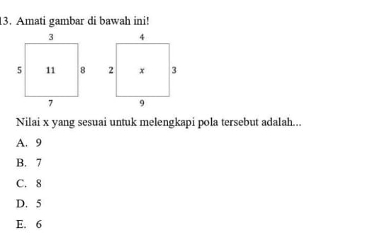 Amati gambar di bawah ini!

Nilai x yang sesuai untuk melengkapi pola tersebut adalah...
A. 9
B. 7
C. 8
D. 5
E. 6