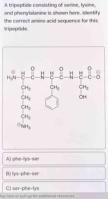 A tripeptide consisting of serine, lysine,
and phenylalanine is shown here. Identify
the correct amino acid sequence for this
tripeptide.
beginarrayr a_2- p/2 - q/2 - q&9/2+1 04&0 2-2-2=0 0a_2-2a_2 a_1- 1/2  aendarray.  
CH_2 □  
④ NH_3
A) phe-lys-ser
B) lys-phe-ser
C) ser-phe-lys
Tap here or pull up for additional resources