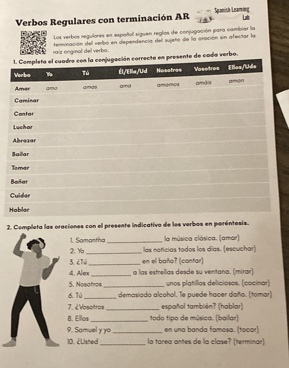 Solved: Verbos Regulares con terminación AR Spanish Learning Lab Los ...