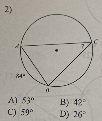 A) 53° B) 42°
C) 59° D) 26°