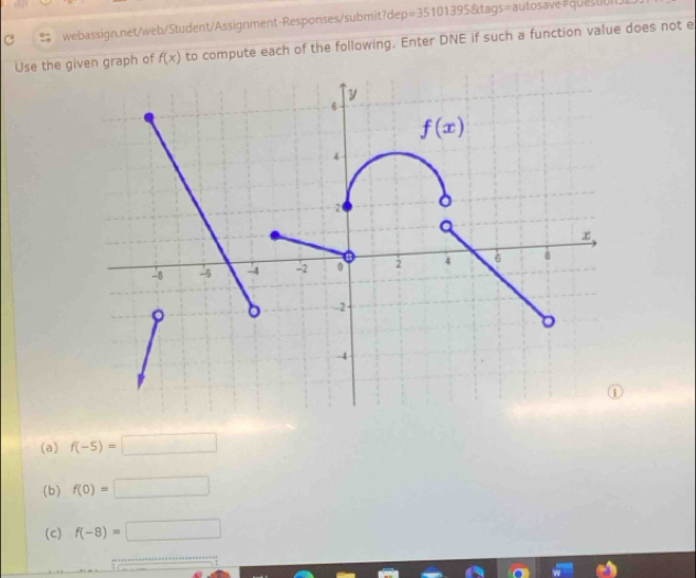 35 101395&tags=autosave#queston3
Use the given graph of f(x) to compute each of the following. Enter DNE if such a function value does not e
(a) f(-5)=□
(b) f(0)=□
(c) f(-8)=□