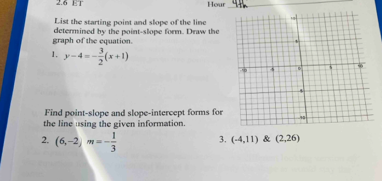 2.6 ET Hour_ 
List the starting point and slope of the line 
determined by the point-slope form. Draw the 
graph of the equation. 
1. y-4=- 3/2 (x+1)
Find point-slope and slope-intercept forms for 
the line using the given information. 
2. (6,-2)m=- 1/3 
3. (-4,11) & (2,26)