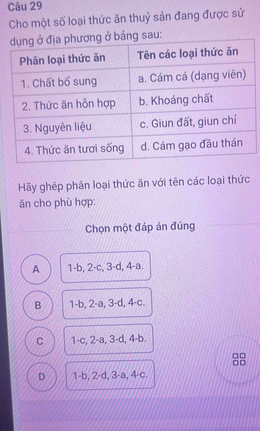 Cho một số loại thức ăn thuỷ sản đang được sử
ở bảng sau:
Hãy ghép phân loại thức ăn với tên các loại thức
ăn cho phù hợp:
Chọn một đáp án đúng
A 1 -b, 2 -c, 3-d, 4-a.
B 1-b, 2-a, 3 -d, 4 -c.
C 1-c, 2-a, 3 -d, 4 -b.
D 1-b, 2 -d, 3 -a, 4-c.