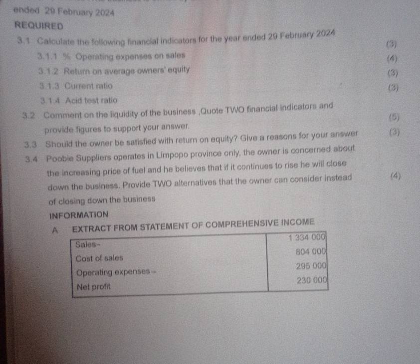 ended 29 February 2024 
REQUIRED 
3.1 Calculate the following financial indicators for the year ended 29 February 2024 (3) 
3.1. 1 % Operating expenses on sales (4) 
3.1.2 Return on average owners' equity (3) 
3.1.3 Current ratio (3) 
3.1.4 Acid test ratio 
3.2 Comment on the liquidity of the business ,Quote TWO financial indicators and 
(5) 
provide figures to support your answer. 
3.3 Should the owner be satisfied with return on equity? Give a reasons for your answer (3) 
3.4 Poobie Suppliers operates in Limpopo province only, the owner is concerned about 
the increasing price of fuel and he believes that if it continues to rise he will close 
down the business. Provide TWO alternatives that the owner can consider instead (4) 
of closing down the business 
INFORMATION 
A EXTRACT FROM STATEMENT OF COMPREHENSIVE INCOME 
Sales- 1 334 000
Cost of sales 804 000
Operating expenses- - 295 000
Net profit 230 000