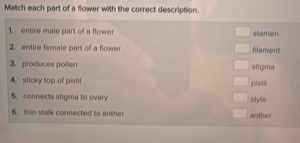 Match each part of a flower with the correct description. 
1. entire male part of a flower stamen 
2. entire female part of a flower filament 
3. produces pollen stigma 
4. sticky top of pistil pistil 
5. connects stigma to ovary style 
6. thin stalk connected to anther anther