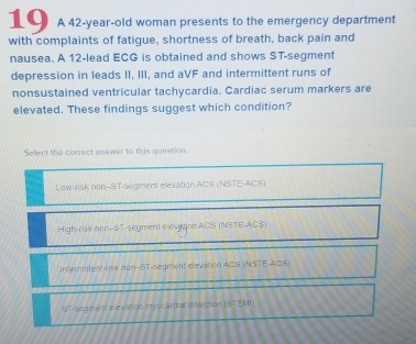 A 42-year -old woman presents to the emergency department with ...