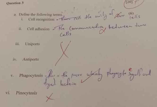 [20] 
a. Define the following terms. 
(6) 
i. Cell recognition 
ii. Cell adhesion 
iii. Uniports 
iv. Antiports 
v. Phagocytosis 
. 
vi. Pinocytosis