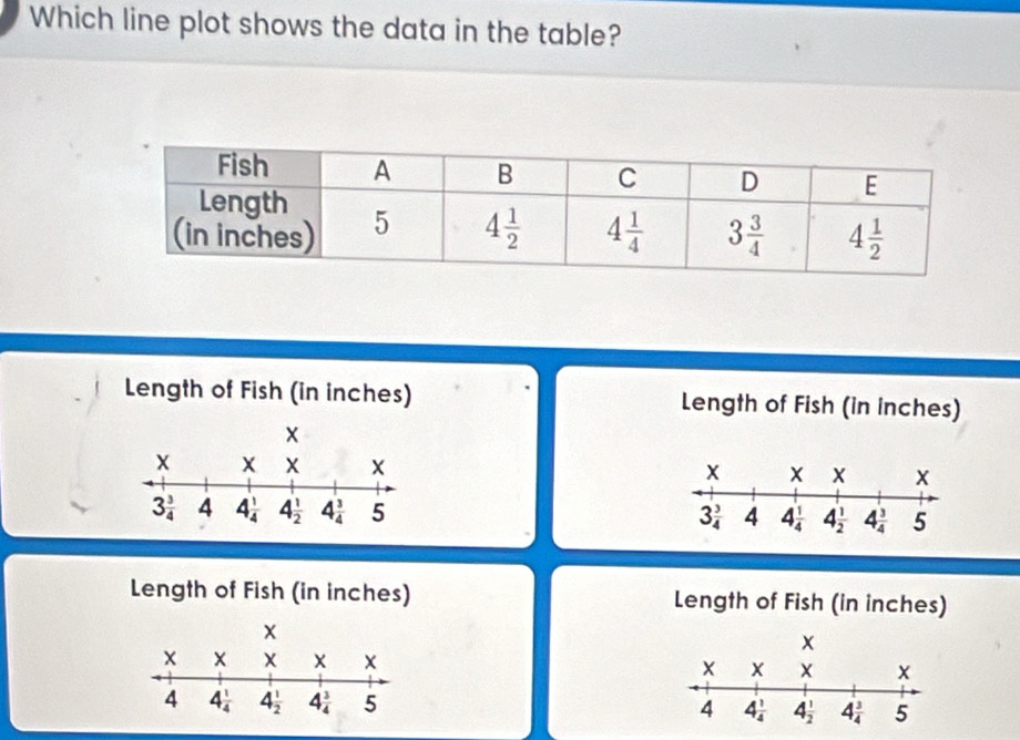 Which line plot shows the data in the table?
Length of Fish (in inches) Length of Fish (in inches)
 
Length of Fish (in inches) Length of Fish (in inches)