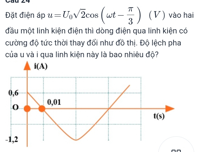 Đặt điện áp u=U_0sqrt(2)cos (omega t- π /3 ) (V) vào hai
đầu một linh kiện điện thì dòng điện qua linh kiện có
cường độ tức thời thay đổi như đồ thị. Độ lệch pha
của u và i qua linh kiện này là bao nhiêu độ?