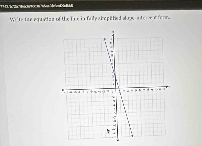 7743/b72a7dea3a9cc3b7e54e9fc3cd20d865 
Write the equation of the line in fully simplified slope-intercept form.