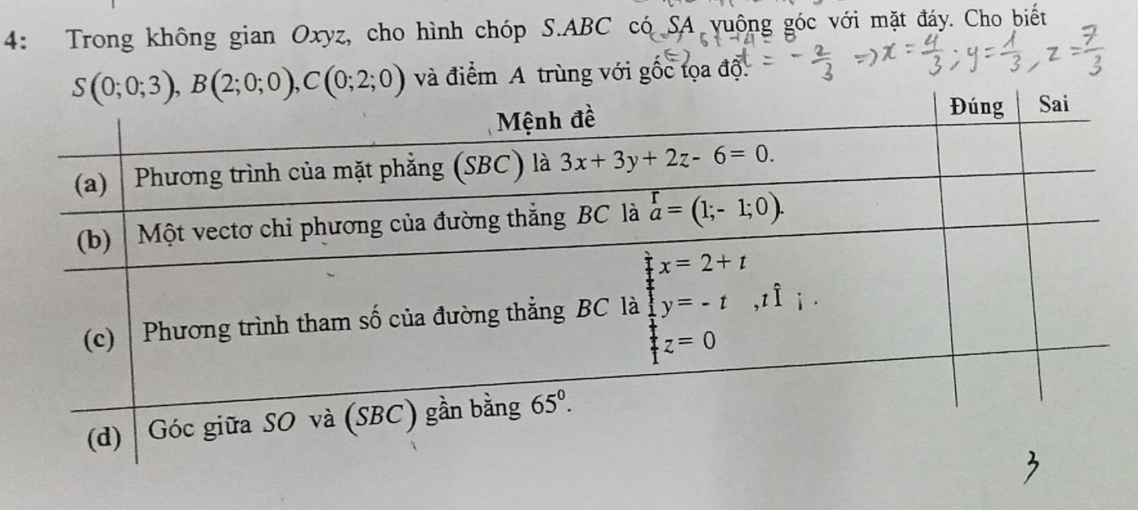 4: Trong không gian Oxyz, cho hình chóp S.ABC có SA yuông góc với mặt đáy. Cho biết
và điểm A trùng với gốc tọa độ.