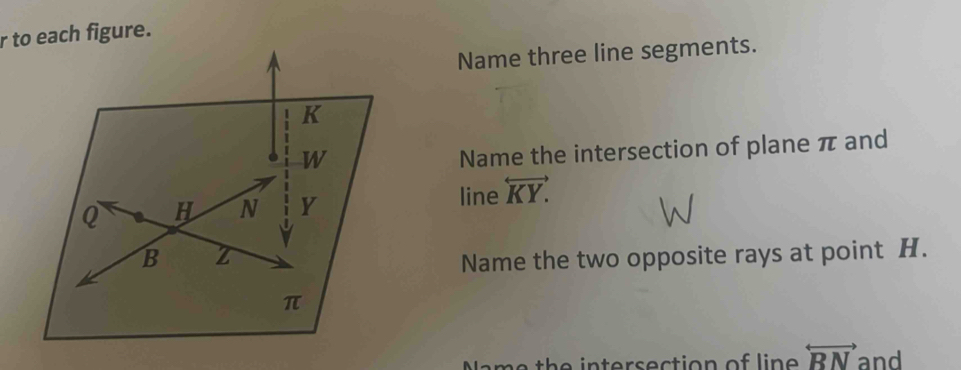 to each figure. 
Name three line segments. 
Name the intersection of plane π and 
line overleftrightarrow KY. 
Name the two opposite rays at point H.
m e th e inters ectio n of lin e . overleftrightarrow RN and