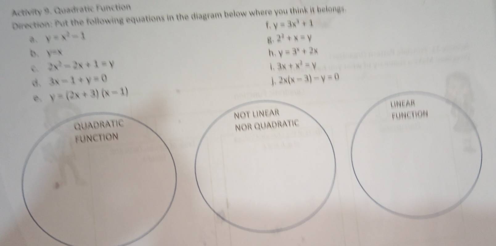 Activity 9. Quadratic Function 
Direction: Put the following equations in the diagram below where you think it belongs. 
f、 y=3x^3+1
a. y=x^2-1 2^2+x=y
B. 
b. y=x h. y=3^x+2x
C. 2x^2-2x+1=y 3x+x^2=y
1. 
d. 3x-1+y=0 1. 2x(x-3)-y=0
e. y=(2x+3)(x-1)
LINEAR 
NOT LINEAR 
NOR QUADRATIC FUNCTIon