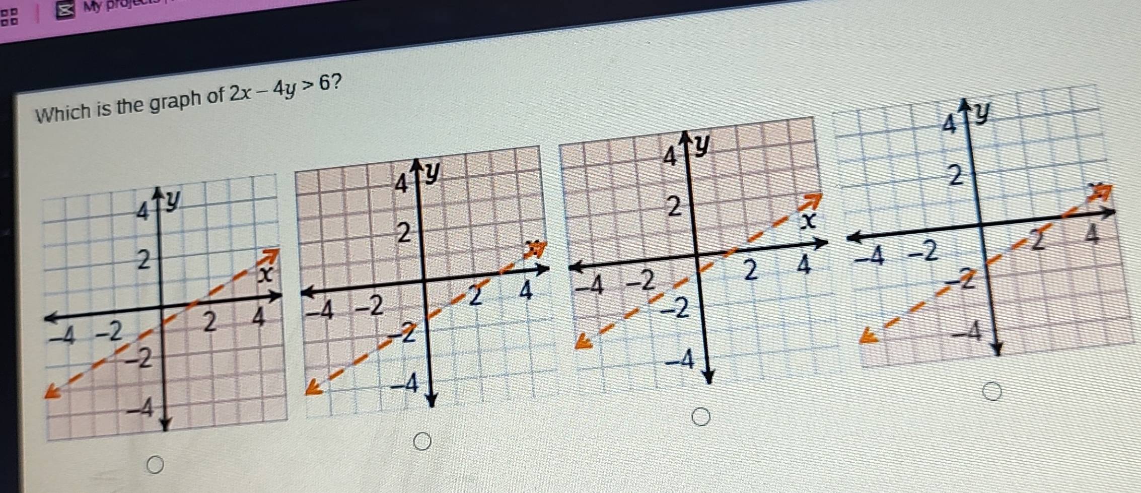 My proje 
Which is the graph of 2x-4y>6 2