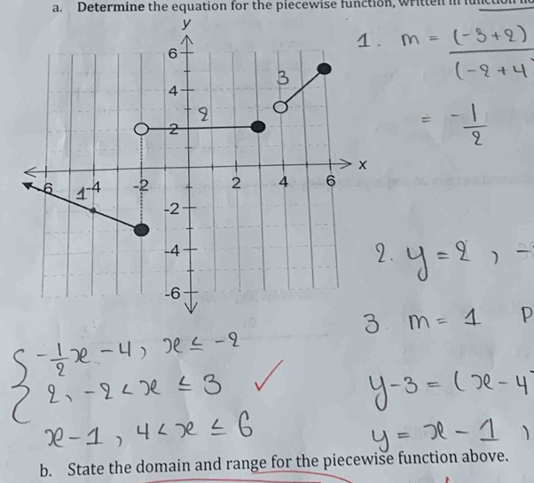 Determine the equation for the piecewise function, written
b. State the domain and range for the piecewise function above.