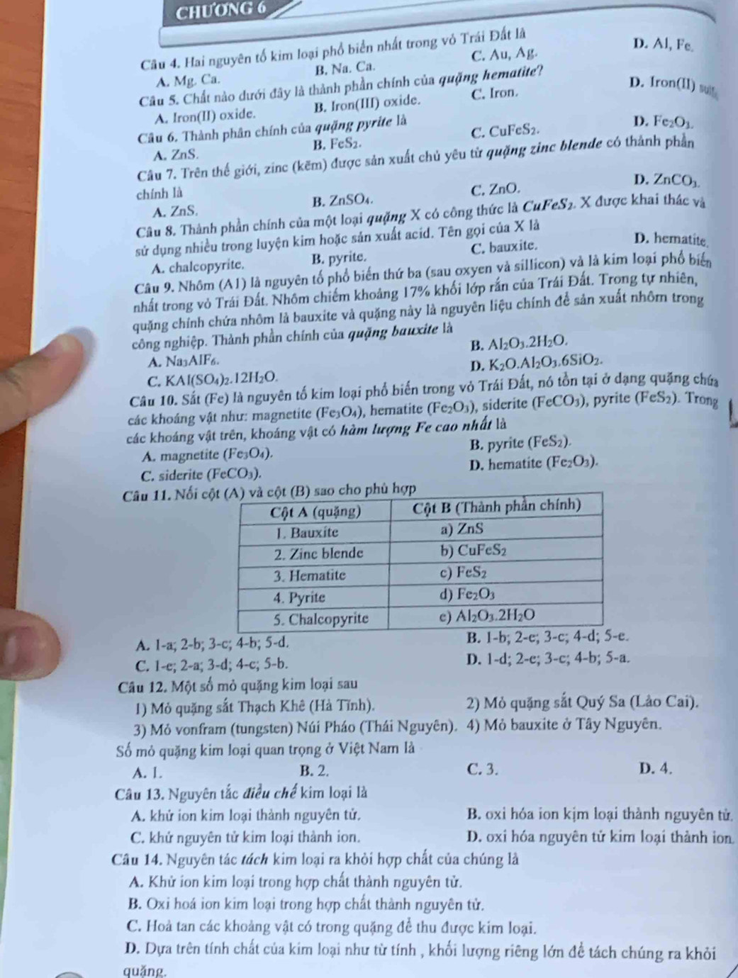 ChƯơNG 6
D. Al, Fe.
Cầu 4. Hai nguyên tố kim loại phổ biển nhất trong vỏ Trái Đất lã
C. Au, Ag.
A. Mg. Ca. B. Na. Ca.
Câu 5. Chất nào dưới đây là thành phần chính của quặng hematite?
A. Iron(II) oxide. B. Iron(III) oxide. C. Iron.
D. Iron(Il) BU||_L
Câu 6. Thành phân chính của quặng pyrite là
A. ZnS. B. FeS₂. C. CuFeS2.
D. F _2O_1
Câu 7. Trên thế giới, zinc (kẽm) được sản xuất chủ yêu từ quặng zinc blende có thành phần
chính là
C.
A. ZnS. B. ZnSO₄. ZnO D. ZnCO_3.
Câu 8. Thành phần chính của một loại quặng X có công thức là CuFeS₂. X được khai thác và
sử dụng nhiều trong luyện kim hoặc sản xuất acid. Tên gọi của X là
A. chalcopyrite. B. pyrite. C. bauxite.
D. hematite
Câu 9. Nhôm (A1) là nguyên tố phố biển thứ ba (sau oxyen và sillicon) và là kim loại phố biển
nhất trong vỏ Trái Đất. Nhôm chiếm khoảng 17% khối lớp rấn của Trái Đất. Trong tự nhiên,
quặng chính chứa nhôm là bauxite và quặng này là nguyên liệu chính để sản xuất nhôm trong
công nghiệp. Thành phần chính của quặng bauxite là
B. Al_2O_3.2H_2O.
A. Na3AIF6.
D. K_2O.Al_2O_3.6SiO_2.
C. KAl(SO_4)_2.12H_2O.
Câu 10. Sắt (Fe) là nguyên tố kim loại phổ biến trong vỏ Trái Đất, nó tồn tại ở dạng quặng chứa
các khoáng vật như: magnetite (Fe_3O_4) , hematite (Fe_2O_3) , siderite (FeCO_3) , pyrite (FeS₂). Trong
các khoáng vật trên, khoáng vật có hàm lượng Fe cao nhất là
A. magnetite (Fe_3O_4). B. pyrite (FeS₂).
C. siderite (FeCO_3). D. hematitc (Fe_2O_3).
Câu 11. Nối 
a
A. 1-a; 2-b; 3-c; 4-b; 5-d.
D. 1
C. 1-c; 2-a; 3-d; 4-c; 5-b. -d:2-e:3-c; 4-b; 5· a.
Câu 12. Một số mỏ quặng kim loại sau
1) Mỏ quặng sắt Thạch Khê (Hà Tĩnh). 2) Mỏ quặng sắt Quý Sa (Lào Cai).
3) Mỏ vonfram (tungsten) Núi Pháo (Thái Nguyên). 4) Mỏ bauxite ở Tây Nguyên.
ố mỏ quặng kim loại quan trọng ở Việt Nam là
A. 1. B. 2. C. 3. D. 4.
Câu 13. Nguyên tắc điều chế kim loại là
A. khử ion kim loại thành nguyên tử, B. oxi hóa ion kịm loại thành nguyên tử
C. khử nguyên tử kim loại thành ion. D. oxi hóa nguyên tử kim loại thành ion
Câu 14. Nguyên tác tách kim loại ra khỏi hợp chất của chúng là
A. Khử ion kim loại trong hợp chất thành nguyên tử.
B. Oxi hoá ion kim loại trong hợp chất thành nguyên tử.
C. Hoà tan các khoảng vật có trong quặng để thu được kim loại.
D. Dựa trên tính chất của kim loại như từ tính , khối lượng riêng lớn đề tách chúng ra khỏi
quǎng.