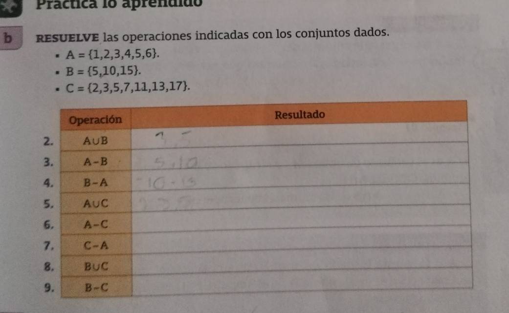 Práctica lo aprendido
b RESUELVE las operaciones indicadas con los conjuntos dados.
A= 1,2,3,4,5,6 .
B= 5,10,15 .
C= 2,3,5,7,11,13,17 .