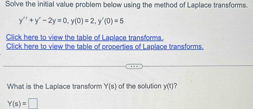 Solve the initial value problem below using the method of Laplace transforms.
y''+y'-2y=0, y(0)=2, y'(0)=5
Click here to view the table of Laplace transforms. 
Click here to view the table of properties of Laplace transforms. 
What is the Laplace transform Y(s) of the solution y(t) ?
Y(s)=□