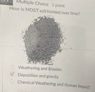 How is MOST soil formed over time?
Weathering and Erosion
Deposition and gravity
Chemical Weathering and Human Impact