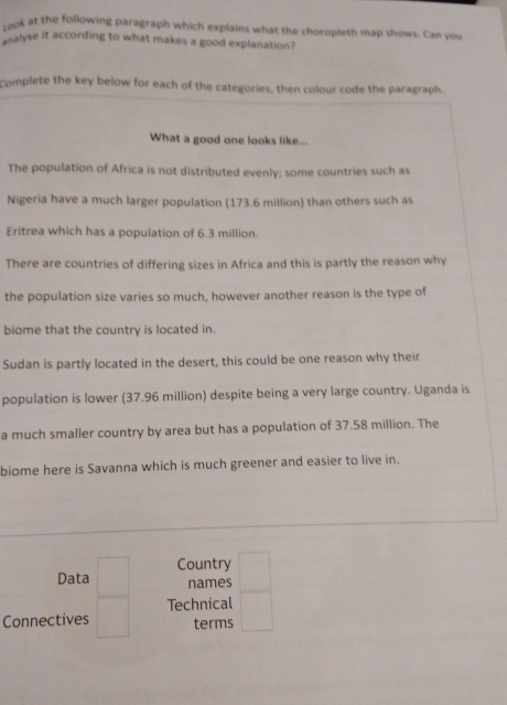 jook at the following paragraph which explains what the choropleth map shows. Can you 
snalyse it according to what makes a good explanation? 
Complete the key below for each of the categories, then colour code the paragraph. 
What a good one looks like... 
The population of Africa is not distributed evenly; some countries such as 
Nigeria have a much larger population (173.6 million) than others such as 
Eritrea which has a population of 6.3 million. 
There are countries of differing sizes in Africa and this is partly the reason why 
the population size varies so much, however another reason is the type of 
biome that the country is located in 
Sudan is partly located in the desert, this could be one reason why their 
population is lower (37.96 million) despite being a very large country. Uganda is 
a much smaller country by area but has a population of 37.58 million. The 
biome here is Savanna which is much greener and easier to live in. 
Data Country □ 
names 
Connectives  □ /□   Technical □ 
terms