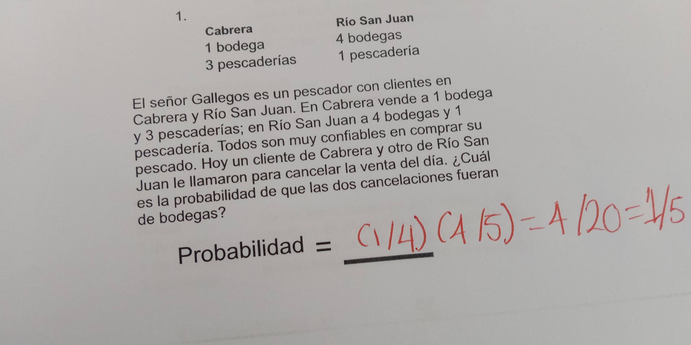 Cabrera Río San Juan
1 bodega 4 bodegas
3 pescaderías 1 pescadería 
El señor Gallegos es un pescador con clientes en 
Cabrera y Río San Juan. En Cabrera vende a 1 bodega 
y 3 pescaderías; en Río San Juan a 4 bodegas y 1
pescadería. Todos son muy confiables en comprar su 
pescado. Hoy un cliente de Cabrera y otro de Río San 
Juan le llamaron para cancelar la venta del día. ¿Cuál 
es la probabilidad de que las dos cancelaciones fueran 
de bodegas? 
Probabilidad =_