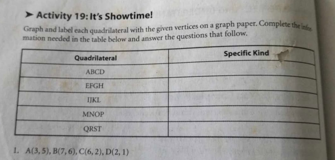 Activity 19: It's Showtime! 
Graph and label each quadrilateral with the given vertices on a graph paper. Complete the inr 
mation needed in the table below and answer the questions that follow. 
1. A(3,5), B(7,6), C(6,2), D(2,1)