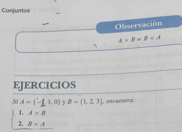 Conjuntos 
Observación
A* B!= B* A
1 
EJERCICIOS 
Si A= -1,1,0 y B= 1,2,3 , encuentra: 
1. A* B
2. B* A