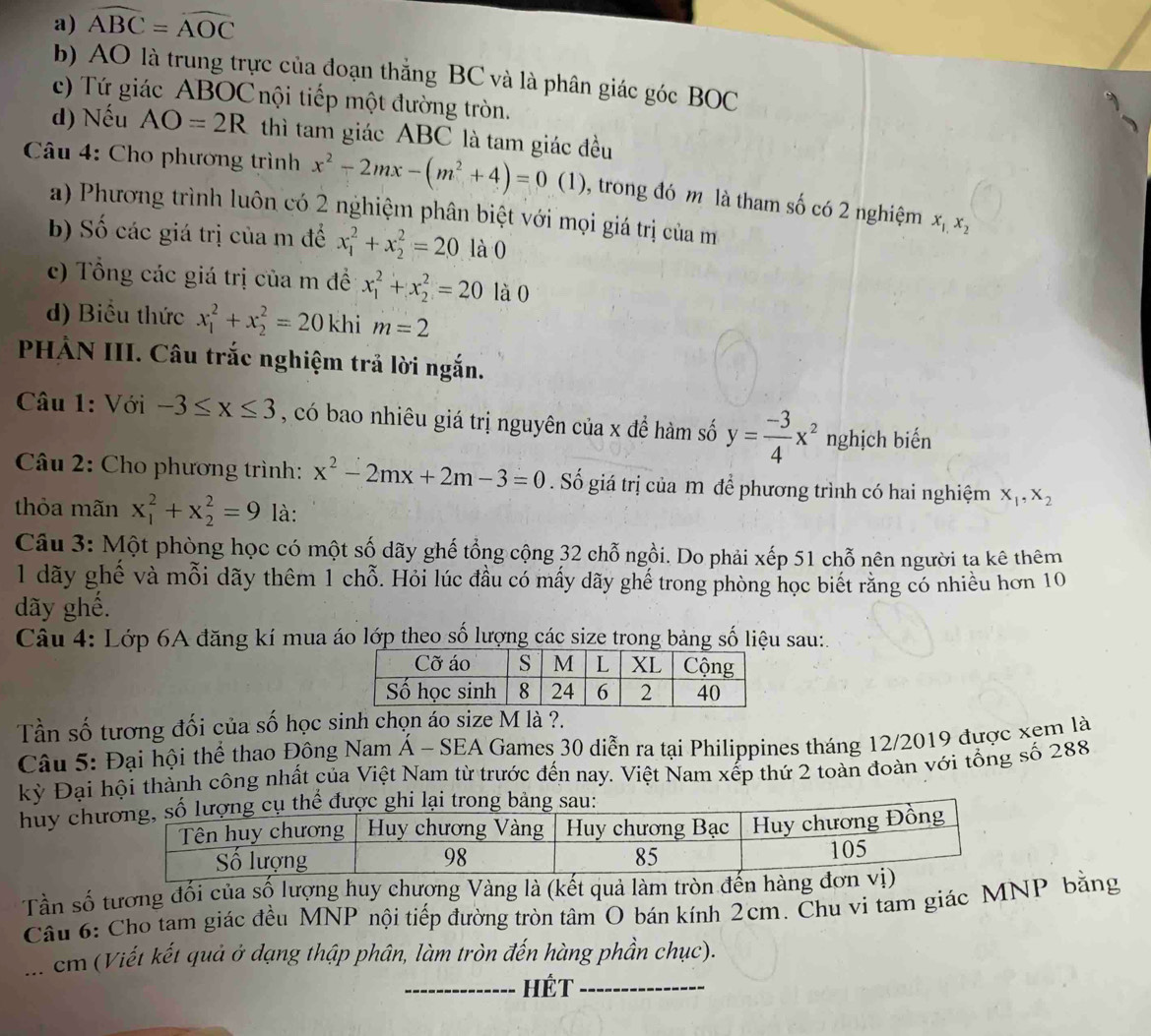 widehat ABC=widehat AOC
b) AO là trung trực của đoạn thắng BC và là phân giác góc BOC
c) Tứ giác ABOC nội tiếp một đường tròn.
d) Nếu AO=2R thì tam giác ABC là tam giác đều
Câu 4: Cho phương trình x^2-2mx-(m^2+4)=0 (1), trong đó m là tham số có 2 nghiệm x_1,x_2
a) Phương trình luôn có 2 nghiệm phân biệt với mọi giá trị của m
b) Số các giá trị của m để x_1^(2+x_2^2=20 là 0
c) Tổng các giá trị của m đề x_1^2+x_2^2=20 là 0
d) Biểu thức x_1^2+x_2^2=20 khi m=2
PHẢN III. Câu trắc nghiệm trả lời ngắn.
Câu 1: Với -3≤ x≤ 3 , có bao nhiêu giá trị nguyên của x đề hàm số y=frac -3)4x^2 nghịch biến
Câu 2: Cho phương trình: x^2-2mx+2m-3=0. Số giá trị của m để phương trình có hai nghiệm X_1,X_2
thỏa mãn x_1^2+x_2^2=9 là:
Câu 3: Một phòng học có một số dãy ghế tổng cộng 32 chỗ ngồi. Do phải xếp 51 chỗ nên người ta kê thêm
1 dãy ghế và mỗi dãy thêm 1 chỗ. Hỏi lúc đầu có mấy dãy ghế trong phòng học biết rằng có nhiều hơn 10
dãy ghế.
Câu 4: Lớp 6A đăng kí mua áo lớp theo số lượng các size trong bảng số liệu sau:.
Tần số tương đối của số học sinh chọn áo size M là ?.
Câu 5: Đại hội thể thao Đông Nam Á - SEA Games 30 diễn ra tại Philippines tháng 12/2019 được xem là
kỳ Đại hội thành công nhất của Việt Nam từ trước đến nay. Việt Nam xếp thứ 2 toàn đoàn với tổng số 288
huy chư cụ thể được ghi lại trong bảng sau:
Tần số tương đối của số lượng huy chương Vàng là (kết quả làm tròn đến 
Câu 6: Cho tam giác đều MNP nội tiếp đường tròn tâm O bán kính 2cm. Chu vi tam giác MNP bằng
. cm (Viết kết quả ở đạng thập phân, làm tròn đến hàng phần chục).
_HÉt_