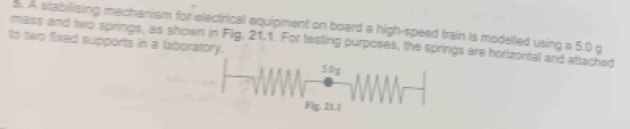 A stabilising mechanism for electrical equipment on board a high-speed train is modelled using a 5.0 g
mass and two springs, as shown in Fig. 21.1. For testing purposes, the springs are horizontal and attached 
to two fixed supports in a laboratory.