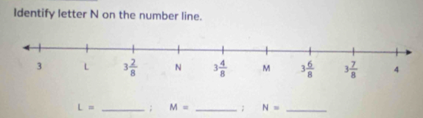 Identify letter N on the number line.
L= _; M= _; N= _