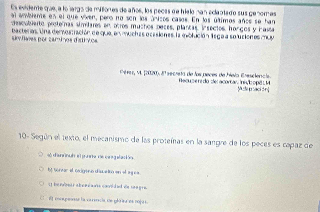 Es evidente que, a lo largo de millones de años, los peces de hielo han adaptado sus genomas
al ambiente en el que viven, pero no son los únicos casos. En los últimos años se han
descubierto proteínas similares en otros muchos peces, plantas, insectos, hongos y hasta
bacterias. Una demostración de que, en muchas ocasiones, la evolución llega a soluciones muy
similares por caminos distintos.
Pérez, M. (2020). El secreto de los peces de hielo. Eresciencia.
Recuperado de: acortar.link/bpp8LM
(Adaptación)
10- Según el texto, el mecanismo de las proteínas en la sangre de los peces es capaz de
a) disminuir el punto de congelación.
b) tomar el oxígeno disuelto en el agua.
c) bombear abundante cantidad de sangre.
d) compensar la carencia de glóbulos rojos.