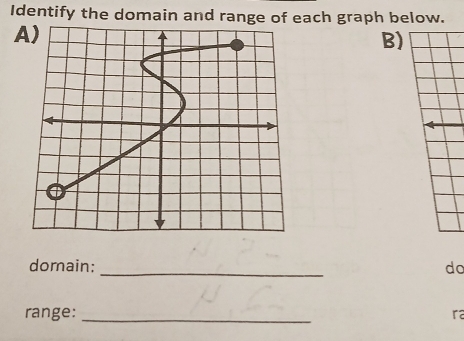 Identify the domain and range of each graph below. 
A) 
B) 
_ 
domain: do 
range: _ra