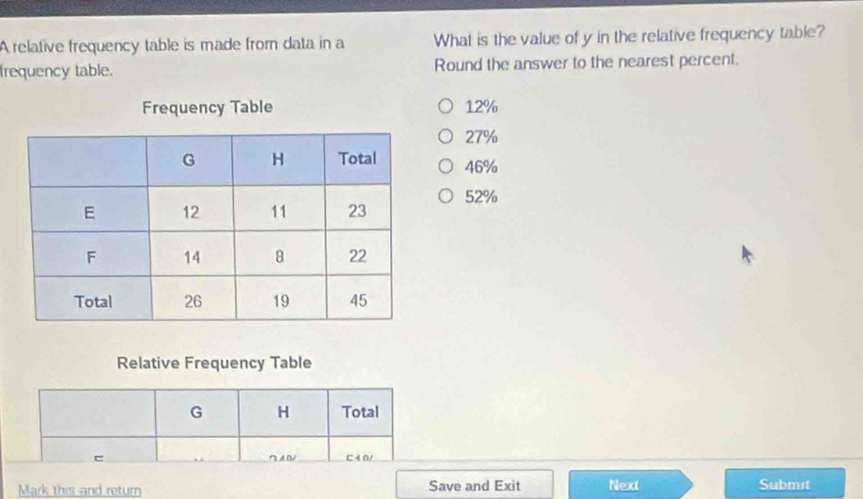 A relative frequency table is made from data in a What is the value of y in the relative frequency table?
frequency table. Round the answer to the nearest percent.
12%
27%
46%
52%
Relative Frequency Table
G H Total
∩A0/ C 401
Mark this and retur Save and Exit Next Submst