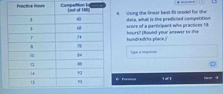 RD 1 
4. Using the linear best-fit model for the 
data, what is the predicted competition 
score of a participant who practices 18
hours? (Round your answer to the 
hundredths place.)' 
Type a response 
Previous 1 of 3 
Next