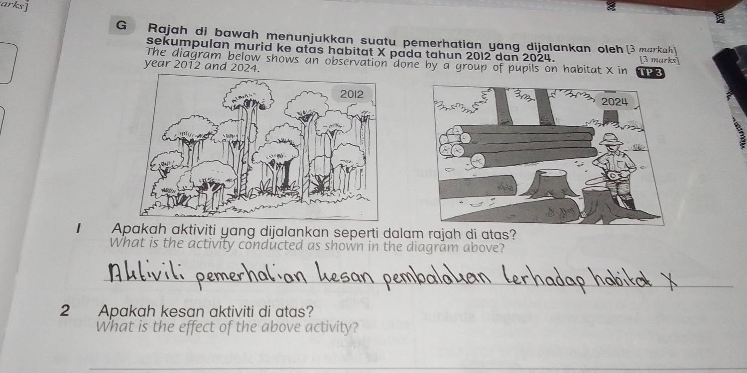 arks] 
a 
G Rajah di bawah menunjukkan suatu pemerhatian yang dijalankan oleh 3 markah 
sekumpulan murid ke atas habitat X pada tahun 2012 dan 2024. 
[3 marks] 
The diagram below shows an observation done by a group of pupils on habitat X in TP 3 
year 2012 and 2024. 
I Apakah aktiviti yang dijalankan seperti dalam rajah di atas? 
What is the activity conducted as shown in the diagram above? 
_ 
2 Apakah kesan aktiviti di atas? 
What is the effect of the above activity? 
_