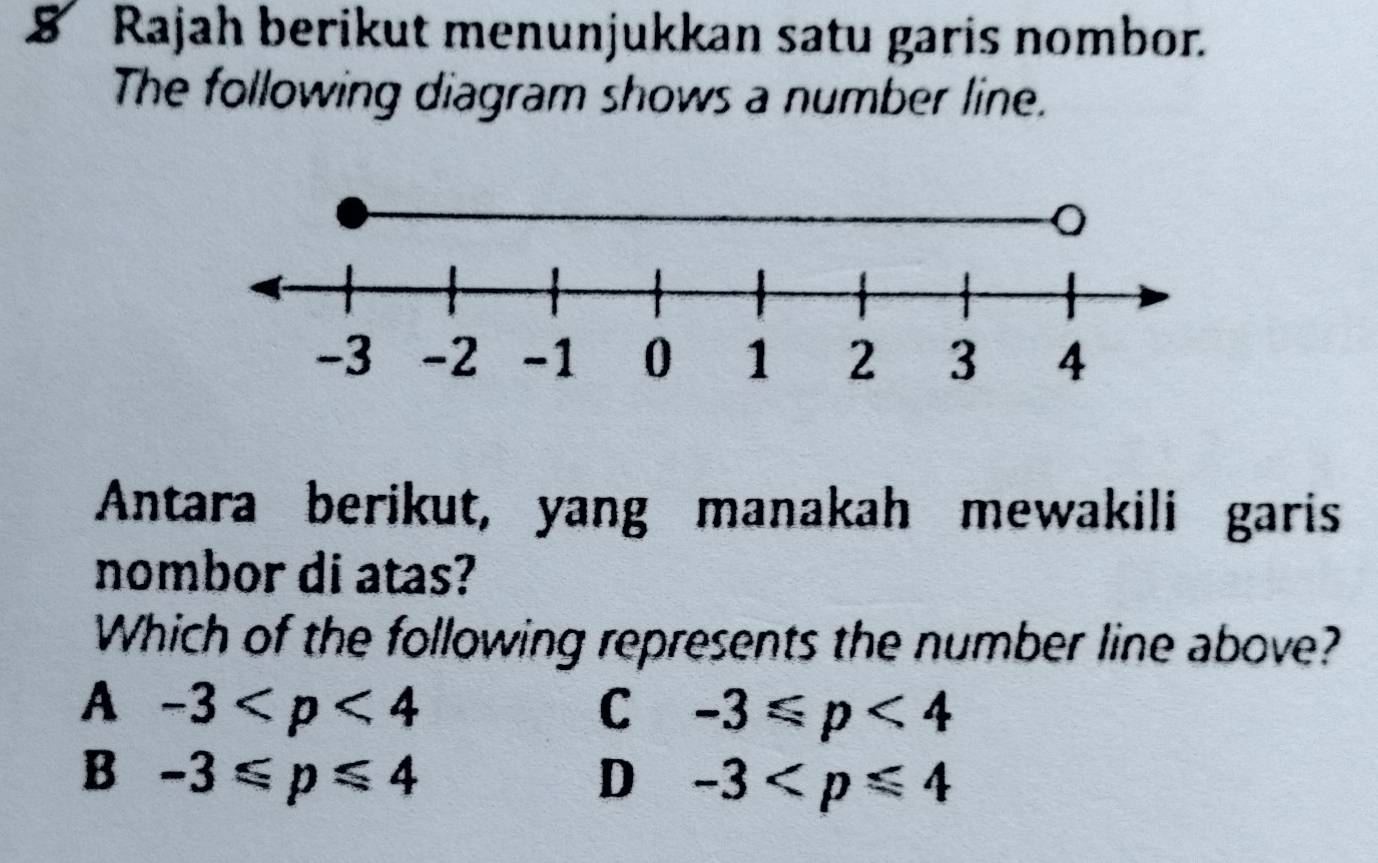 Rajah berikut menunjukkan satu garis nombor.
The following diagram shows a number line.
-3 -2 -1 0 1 2 3 4
Antara berikut, yang manakah mewakili garis
nombor di atas?
Which of the following represents the number line above?
A -3
C -3≤slant p<4</tex>
B -3≤slant p≤slant 4
D -3