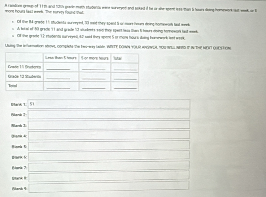 A random group of 11th and 12th grade math students were surveyed and asked if he or she spent less than 5 hours doing homework last week, or S
more hours last week. The survey found that:
Of the 84 grade 11 students surveyed, 33 said they spent 5 or more hours doing homework last week.
A total of 80 grade 11 and grade 12 students said they spent less than 5 hours doing homework last week.
Of the grade 12 students surveyed, 62 said they spent 5 or more hours doing homework last week.
Using the information above, complete the two-way table. WRITE DOWN YOUR ANSWER. YOU WILL NEED IT IN THE NEXT QUESTION.
Blank 1: 51 x_1+x_2=frac m+1)
Blank 2: □ 1_□ □ □  0.8* 8△ _1/2 ∴ △ ADC=∠ BCD
Blank 3: overline □  ∴ △ ADFeCH_circ l_3(Cl) 10,(),(),() □  □ 
Blank 4: □ x_1/2(x-10) ()^CACl_ □  
Blank 5: □  (-3,-2B)(AS) x_□ 2(4m+1)v
Blank 6:
_  □ 
Blank 7: ∴ △ ADCsim △ ABC □  overline 1/1)+(2sqrt(x+3)
Blank 8: 1000* 8=10°000* 10° _ (-3,4)
Blank 9: □ overline 