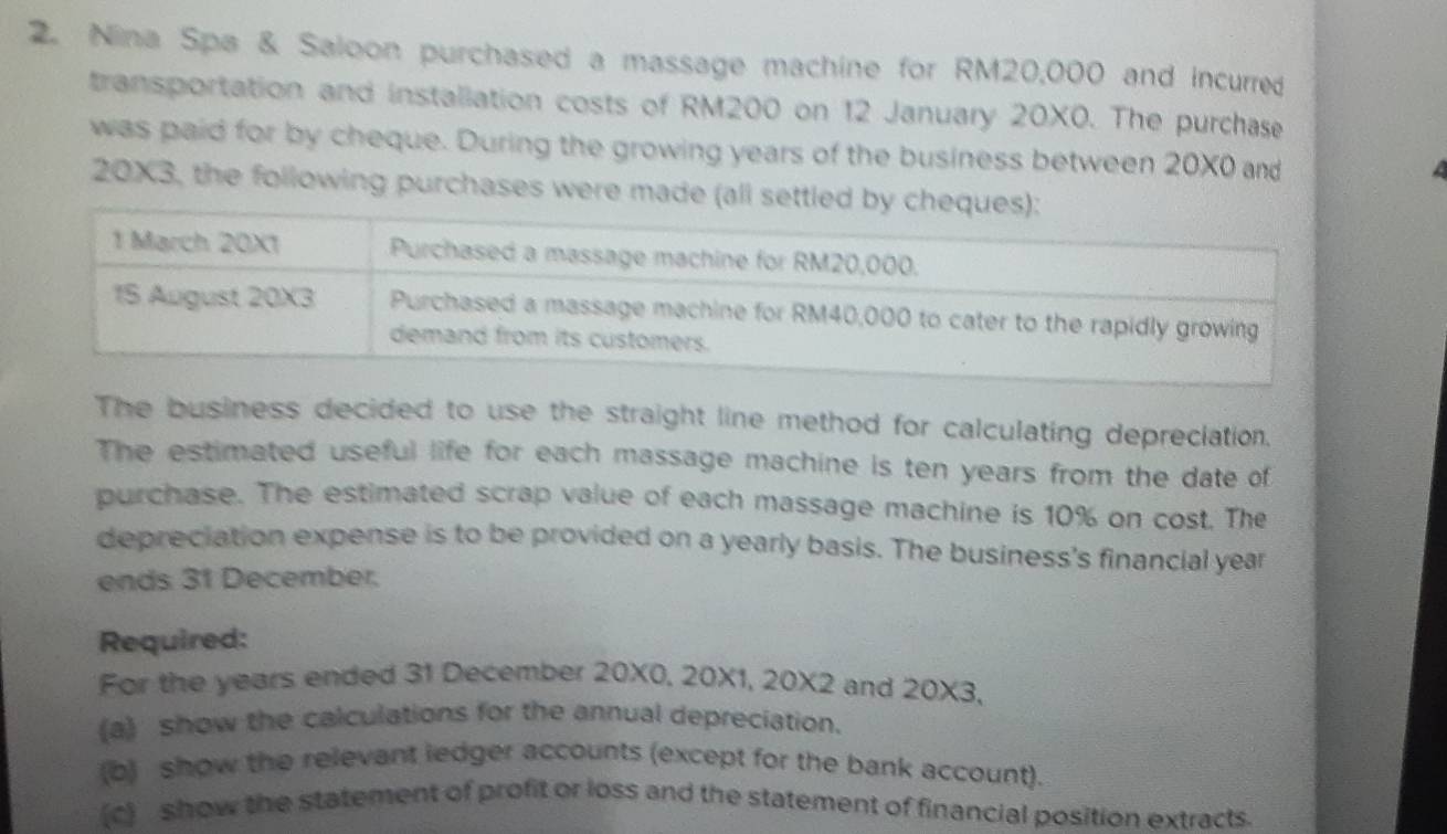 Nina Spa & Saloon purchased a massage machine for RM20,000 and incurred 
transportation and installation costs of RM200 on 12 January 20X0. The purchase 
was paid for by cheque. During the growing years of the business between 20X0 and
20X3, the following purchases were made (all settl 
The business decided to use the straight line method for calculating depreciation. 
The estimated useful life for each massage machine is ten years from the date of 
purchase. The estimated scrap value of each massage machine is 10% on cost. The 
depreciation expense is to be provided on a yearly basis. The business's financial year
ends 31 December. 
Required: 
For the years ended 31 December 20X0, 20X1, 20X2 and 20X3, 
(a) show the calculations for the annual depreciation. 
(b) show the relevant ledger accounts (except for the bank account). 
(c) show the statement of profit or loss and the statement of financial position extracts.