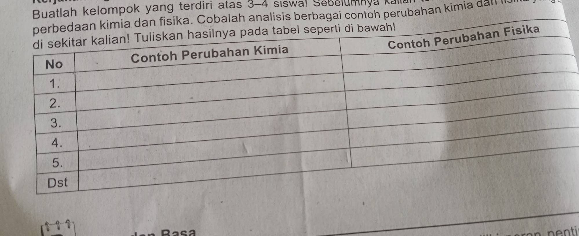 Buatlah kelompok yang terdiri atas 3 - 4 siswa! Sebelumnya kalla 
alisis berbagai contoh perubahan kimia da 
1