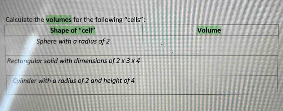 Calculate the volumes for the following “cells”: