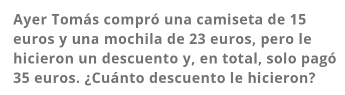 Ayer Tomás compró una camiseta de 15
euros y una mochila de 23 euros, pero le 
hicieron un descuento y, en total, solo pagó
35 euros. ¿Cuánto descuento le hicieron?