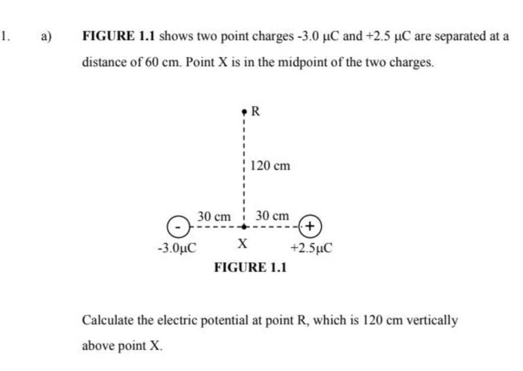 FIGURE 1.1 shows two point charges -3.0 μC and +2.5 µC are separated at a 
distance of 60 cm. Point X is in the midpoint of the two charges. 
Calculate the electric potential at point R, which is 120 cm vertically 
above point X.