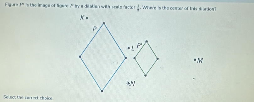 Figure P' is the image of figure P by a dilation with scale factor  1/2 . Where is the center of this dilation?
K
P
P'
M
N
Select the correct choice.