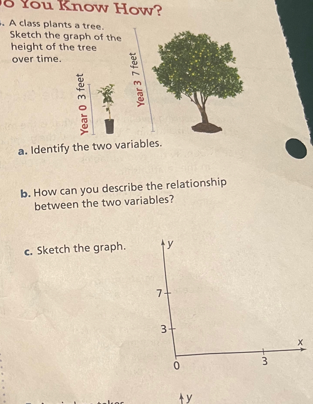 You Know How? 
. A class plants a tree. 
Sketch the graph of the 
height of the tree 
over time. 
。 m 
a. Identify the two variables. 
b. How can you describe the relationship 
between the two variables? 
c. Sketch the graph.
y