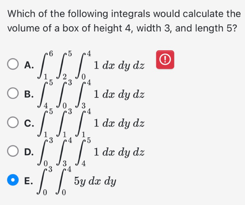 Solved: Which of the following integrals would calculate the volume of ...