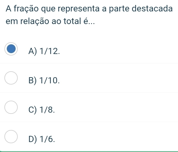 A fração que representa a parte destacada
em relação ao total é...
A) 1/12.
B) 1/10.
C) 1/8.
D) 1/6.