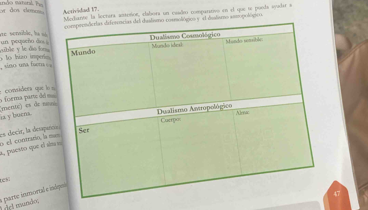 an do natural. Pan 
or dos elementos Actividad 17. 
Mediante la lectura anterior, elabora un cuadro comparativo en el que te pueda ayudar a 
y el dualismo antropológico. 
e sesible ha sid 
un pequeño dios de 
sible y le dio form 
lo hizo imperfo 
, sino una fuerza o w 
considera que lo 
forma parte del mu 
(mente) es de natun 
ia y buena. 
es decir, la desaparic 
el co ntrario, la m 
a, puesto que el alm 
tes: 
V 
del mundo; a parte inmortal e i